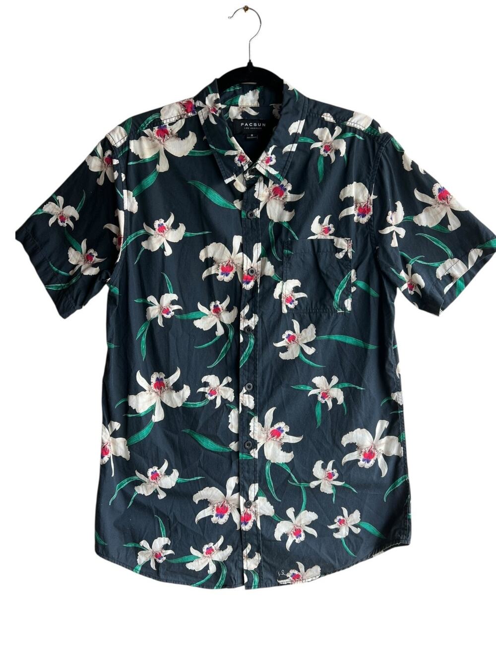 Pacsun Men's Button Up Shirt Hawaiian Tiki Oasis Camp Floral Black Size Medium